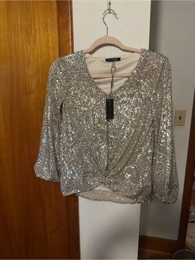 Cable & Gauge Silver Sequin Twist-Front Blouse